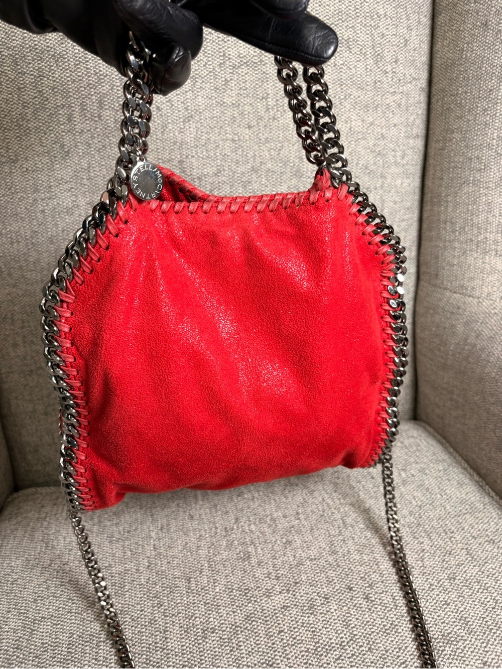 Stella McCartney Mini Red Falabella Faux-Suede Shoulder Bag with Chain Trim